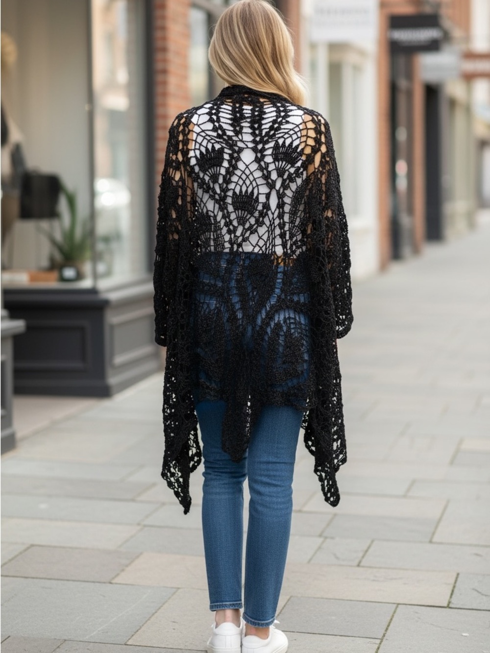 Black Crochet Open-Knit shawl